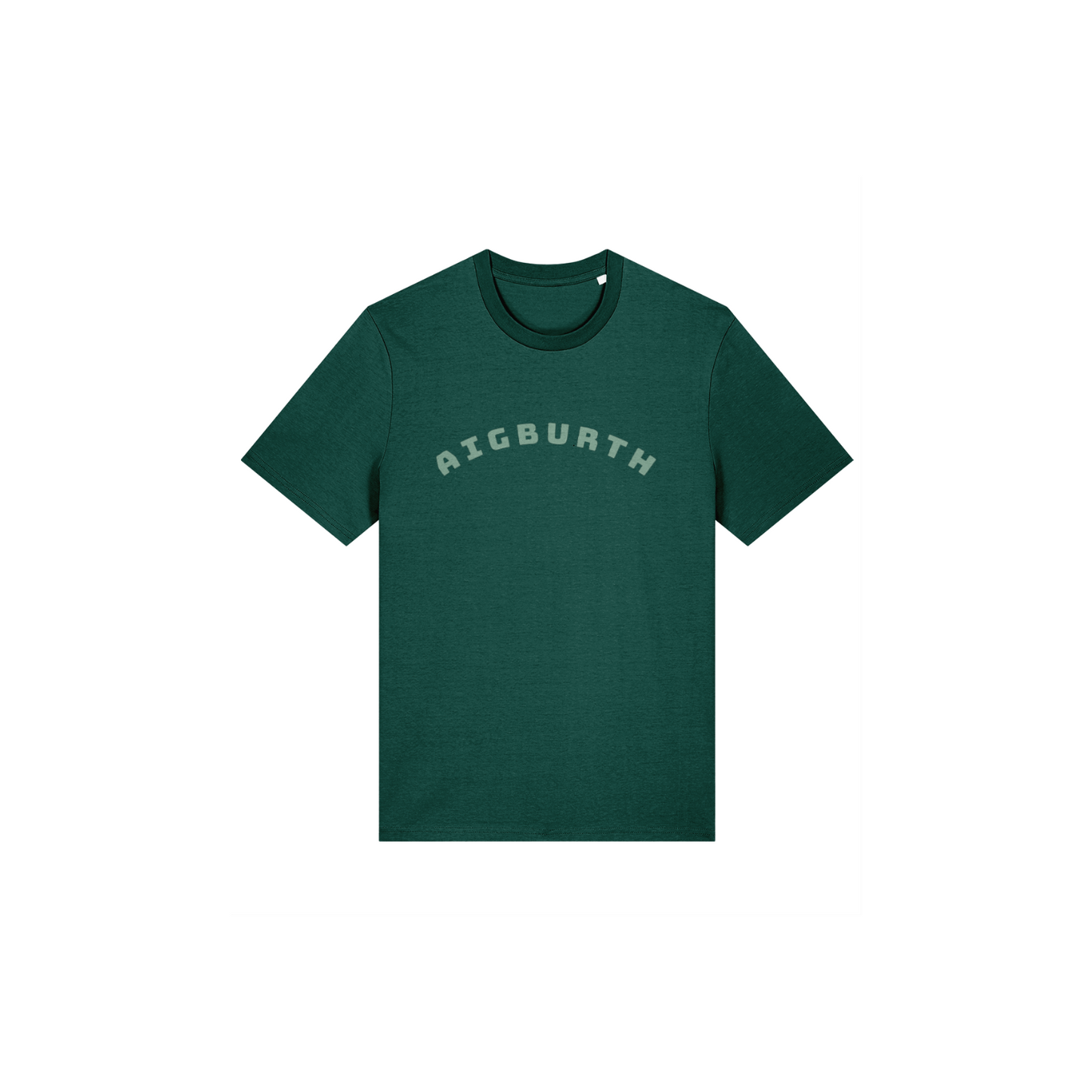 Glazed Green t-shirt with 'Aigburth' text in green on a white background