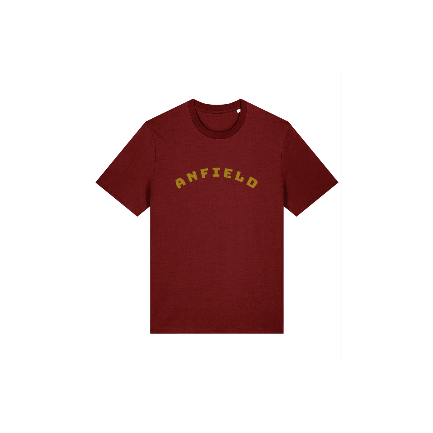 Burgundy t-shirt with 'Anfield' printed in Lapskaus yellow on a white background