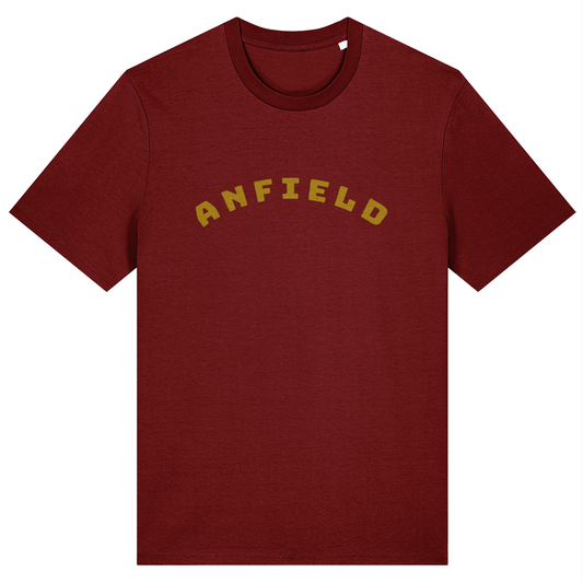 Burgundy t-shirt with 'Anfield' printed in Lapskaus yellow on a white background