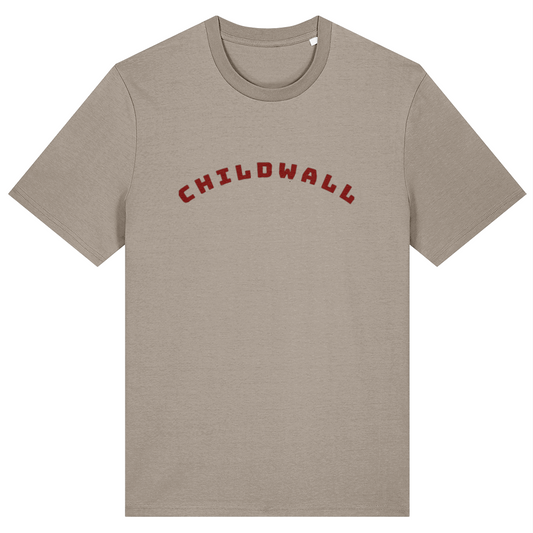 Desert Dust (Beige) t-shirt with 'CHILDWALL' printed in red on a white background