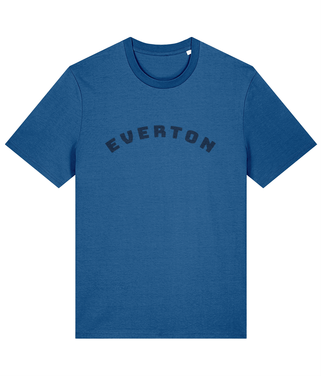 Mindful Blue t-shirt with Blue 'Everton' text on a white background