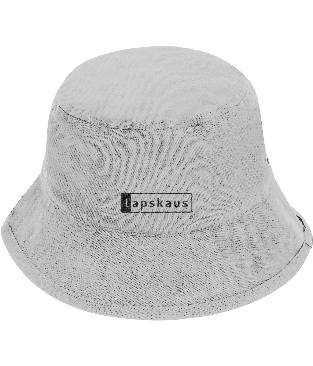 Grey bucket hat with black 'Lapskaus' logo in a black outlined box on the front.