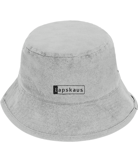 Grey bucket hat with black 'Lapskaus' logo in a black outlined box on the front.