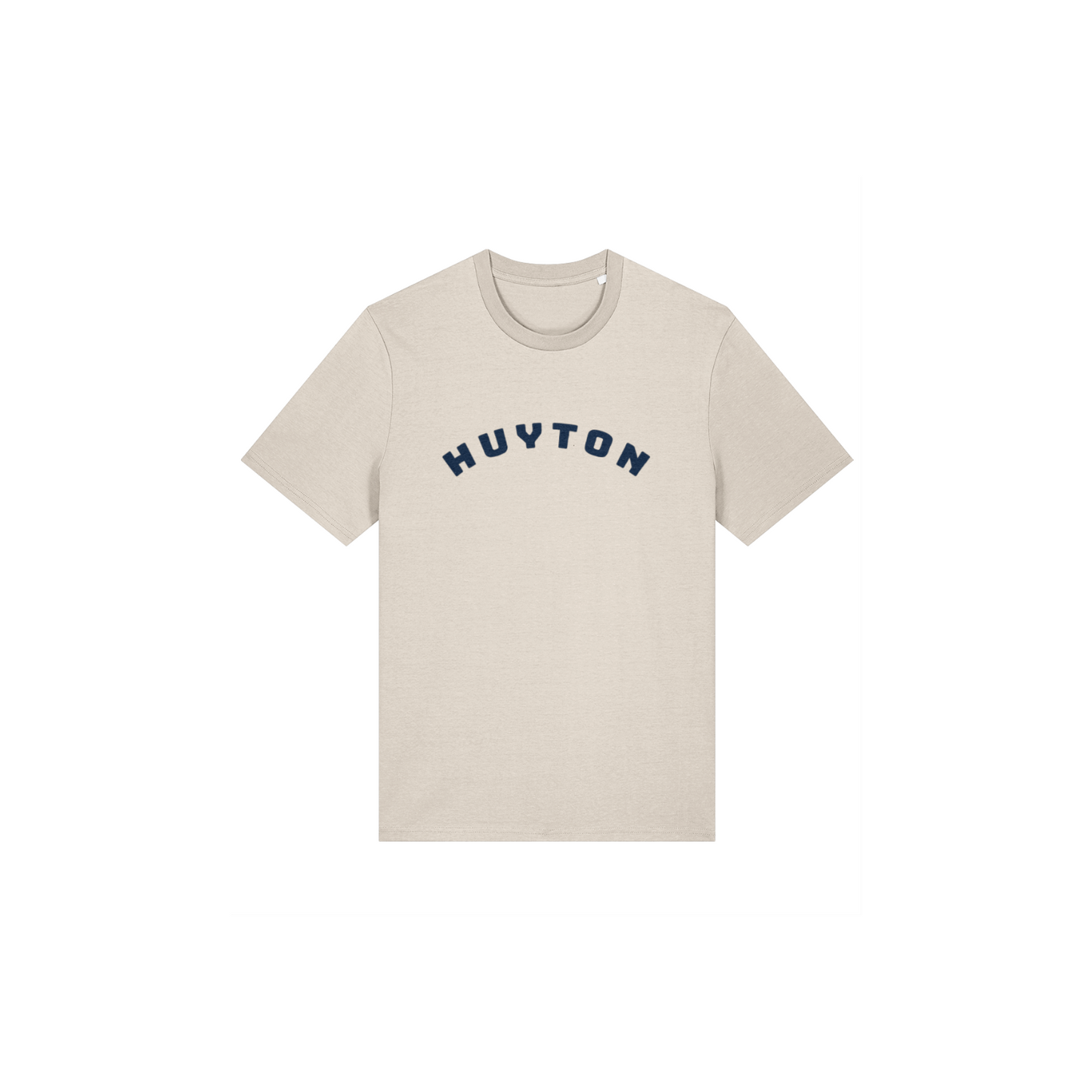 Natural Raw (Beige) t-shirt with Blue 'HUYTON' text on a white background