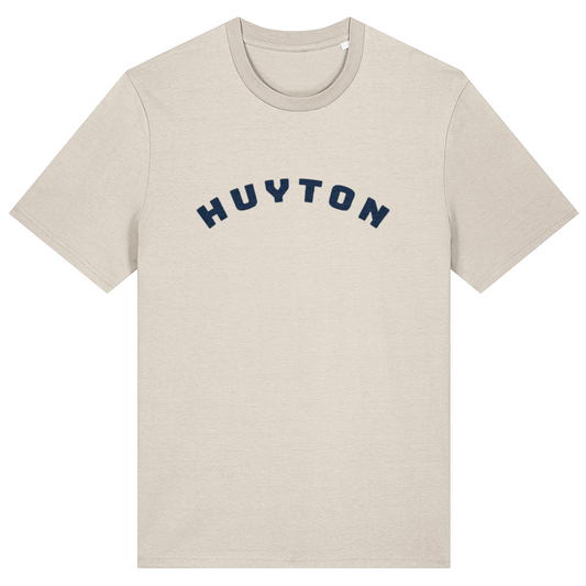 Natural Raw (Beige) t-shirt with Blue 'HUYTON' text on a white background