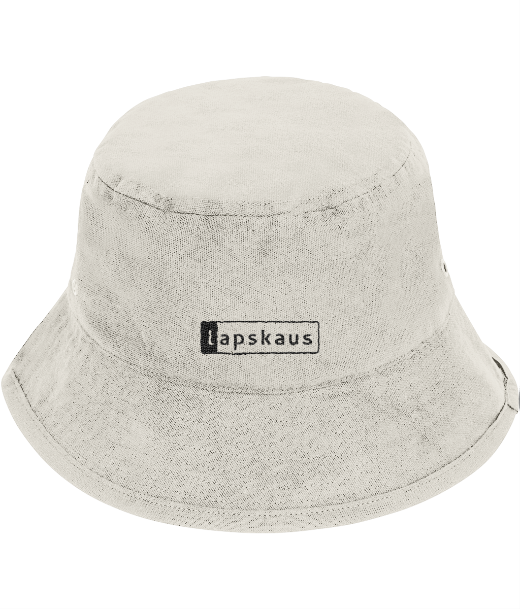 Canvas bucket hat with black 'Lapskaus' logo in a black outlined box on the front.