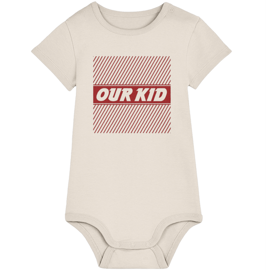Natural Raw coloured babygrow with a red 'OUR KID' graphic in a no-frills supermarket-style design on a white background