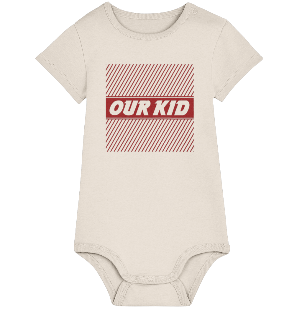 Natural Raw coloured babygrow with a red 'OUR KID' graphic in a no-frills supermarket-style design on a white background