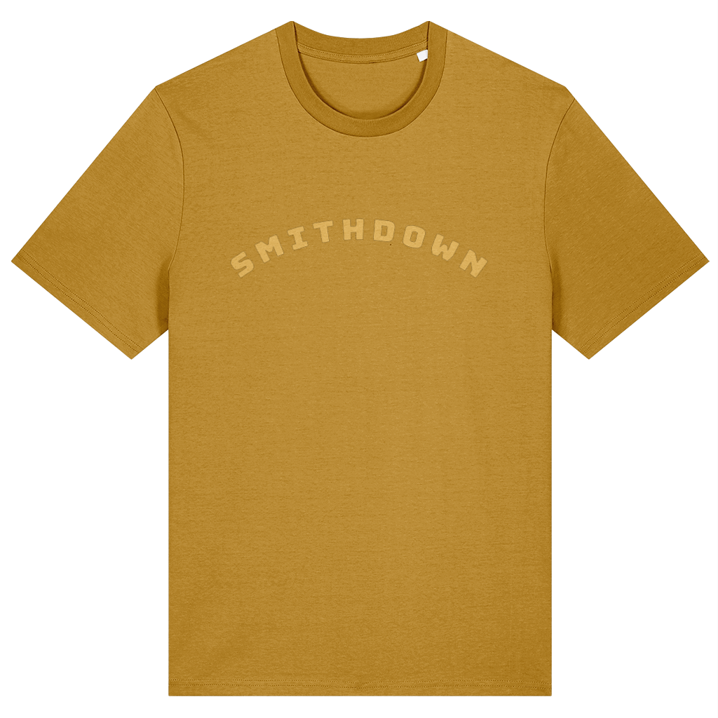 Ochre t-shirt with with Lapskaus Mustard 'SMITHDOWN' text in arched type on a white background