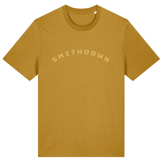 Ochre t-shirt with with Lapskaus Mustard 'SMITHDOWN' text in arched type on a white background