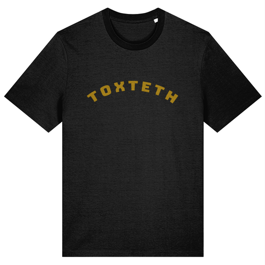 Black t-shirt with arched 'TOXTETH' text in Lapskaus Mustard print on a white background