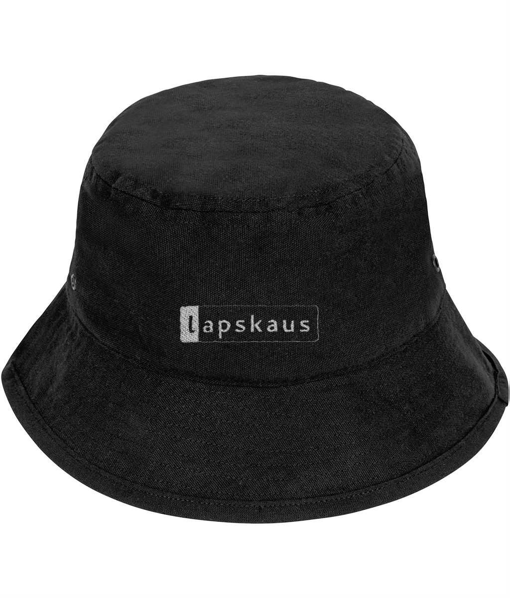 Black bucket hat with 'white Lapskaus' logo in a white outlined box on the front.