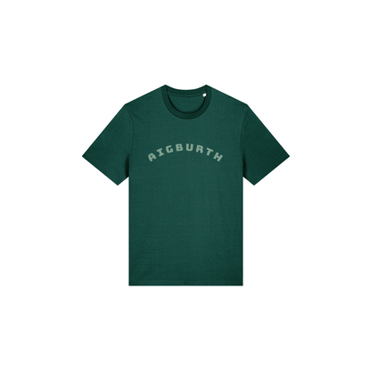 Glazed Green t-shirt with 'Aigburth' text in green on a white background