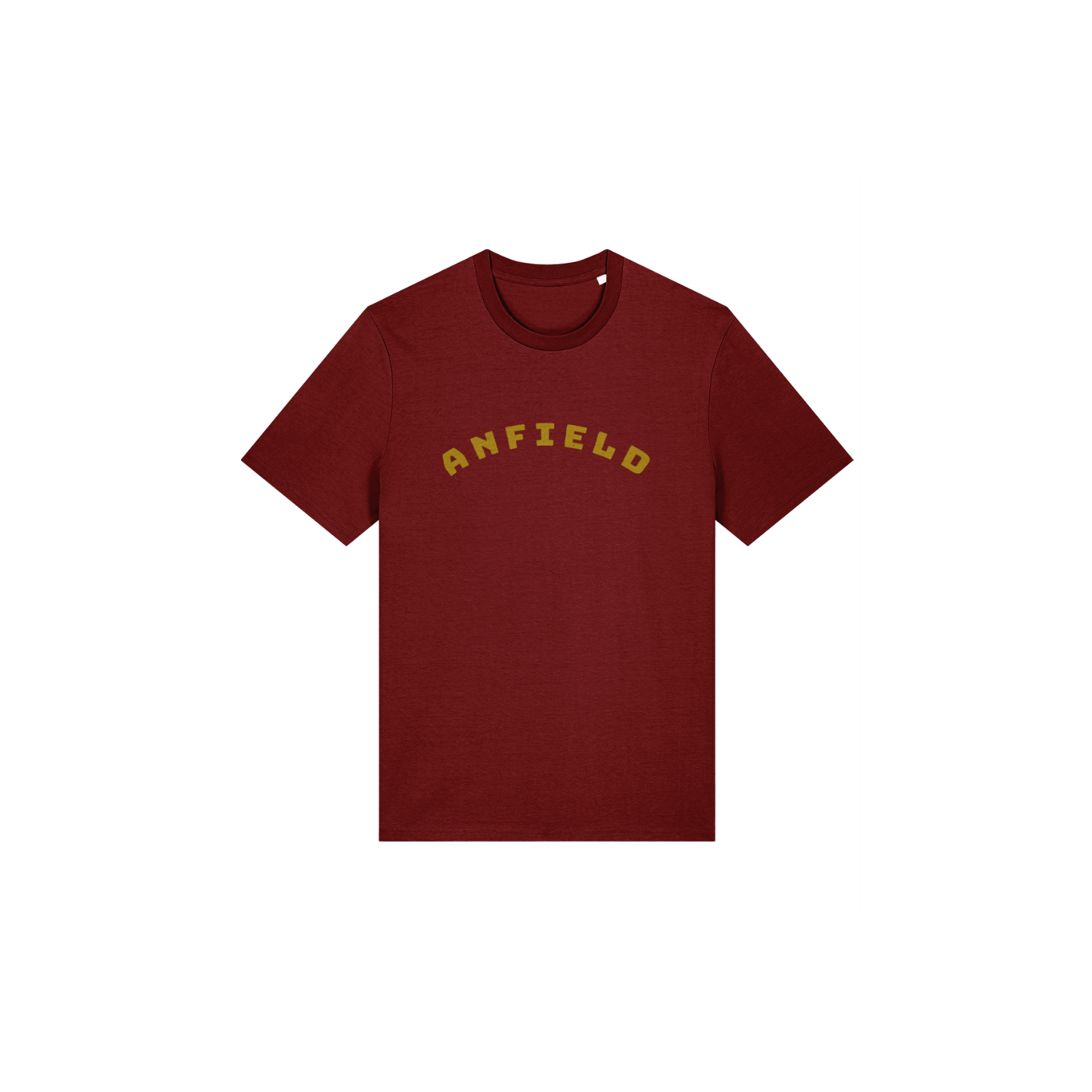 Burgundy t-shirt with 'Anfield' printed in Lapskaus yellow on a white background