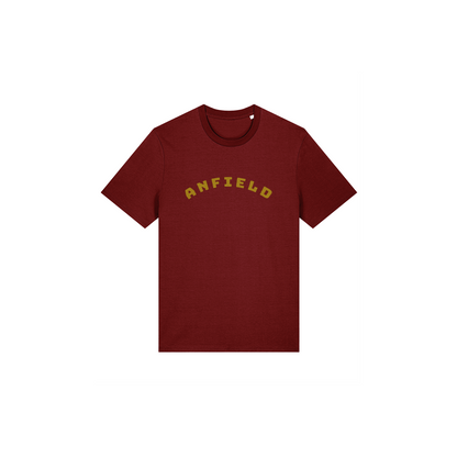 Burgundy t-shirt with 'Anfield' printed in Lapskaus yellow on a white background