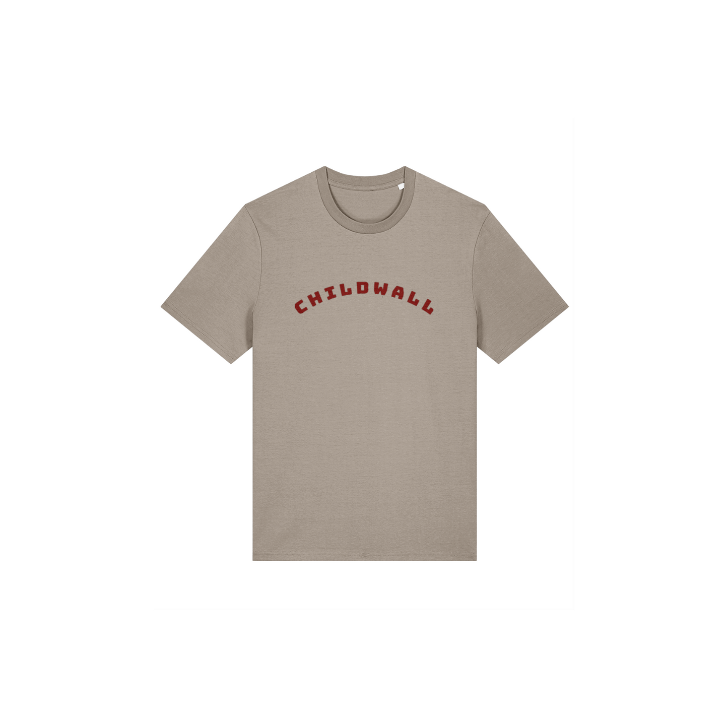 Desert dust (beige) t-shirt with 'CHILDWALL' printed in red on a white background