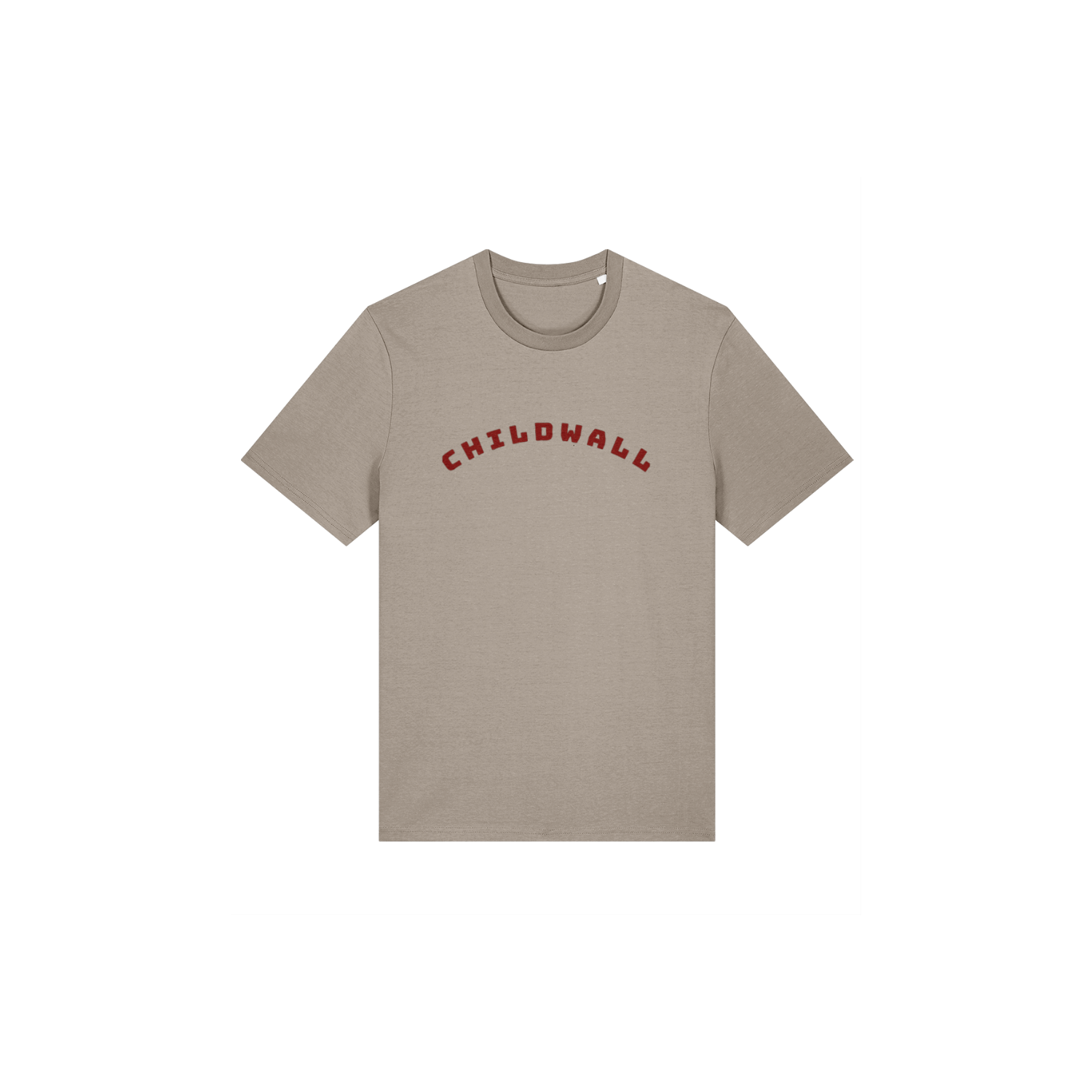 Desert dust (beige) t-shirt with 'CHILDWALL' printed in red on a white background