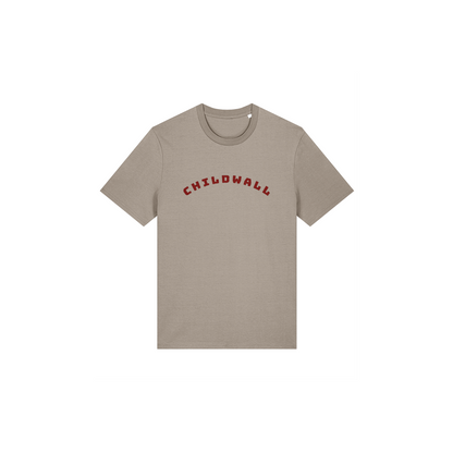 Desert dust (beige) t-shirt with 'CHILDWALL' printed in red on a white background