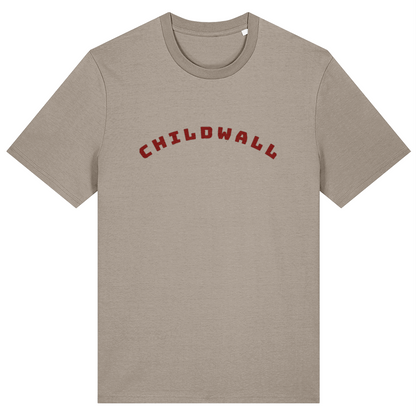 Desert Dust (Beige) t-shirt with 'CHILDWALL' printed in red on a white background