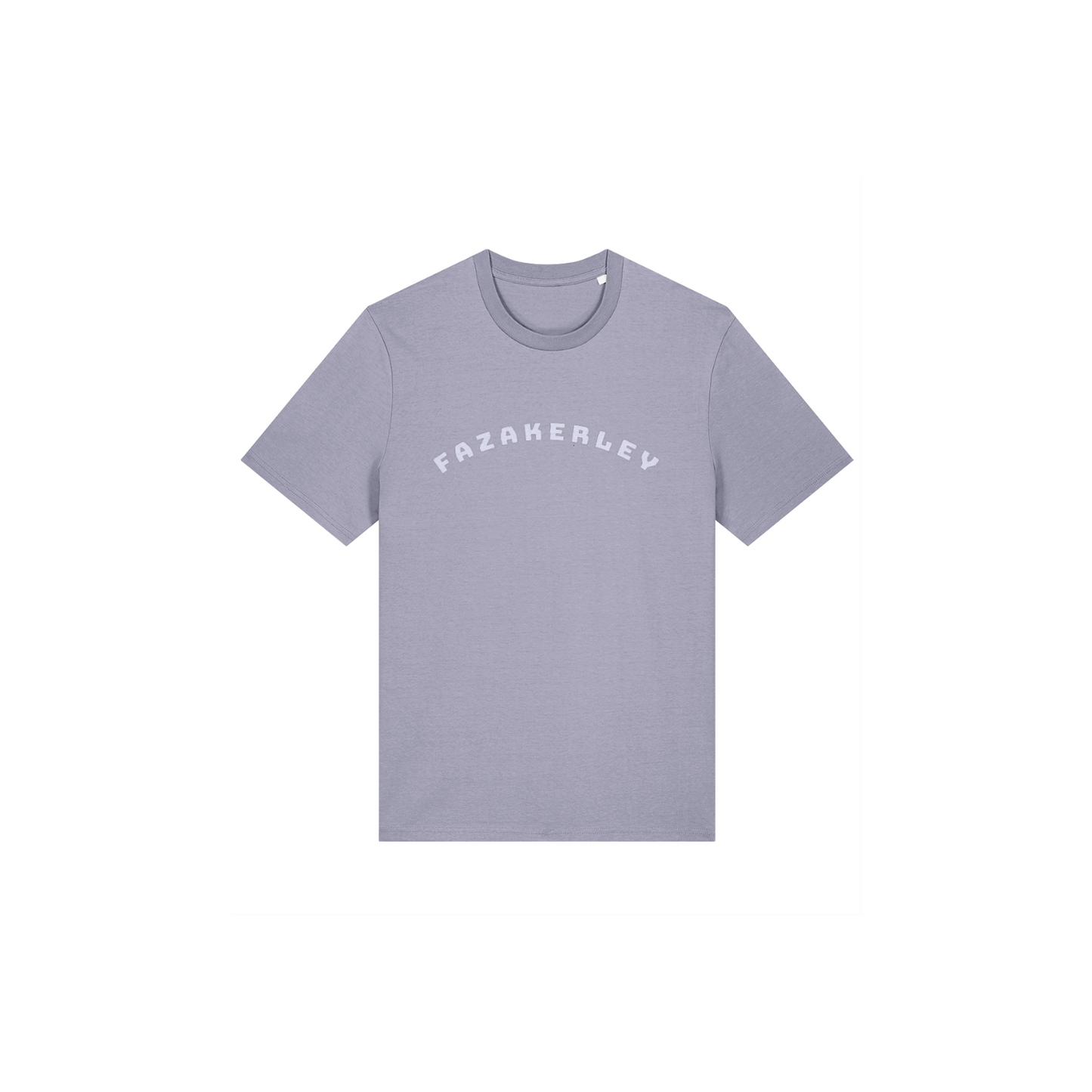 Pale lavender t-shirt with  Lavendar 'FAZAKERLEY' text on a white background