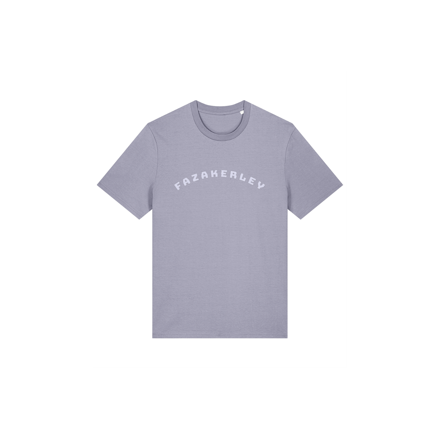 Pale lavender t-shirt with  Lavendar 'FAZAKERLEY' text on a white background