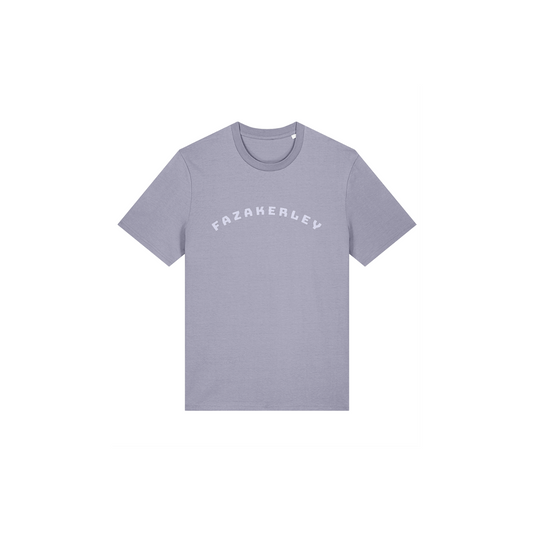 Pale lavender t-shirt with  Lavendar 'FAZAKERLEY' text on a white background