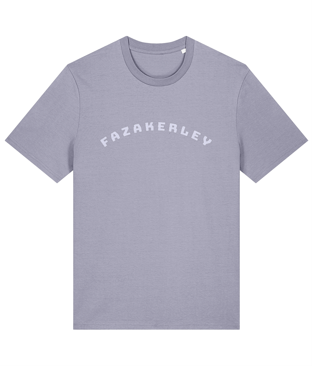 Pale lavender t-shirt with  Lavendar 'FAZAKERLEY' text on a white background