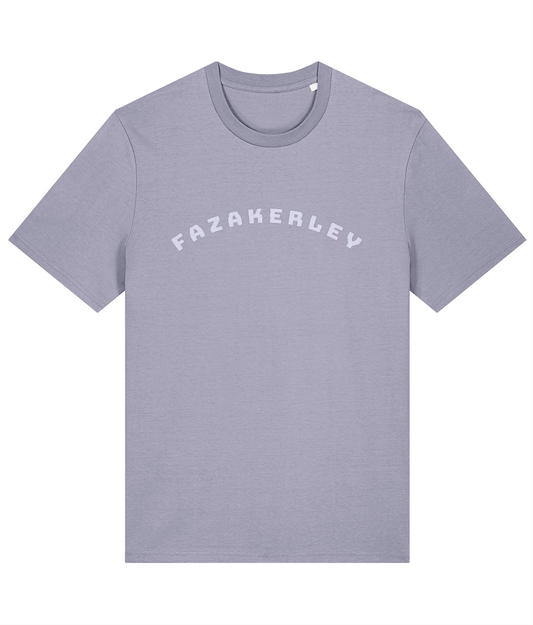 Pale lavender t-shirt with  Lavendar 'FAZAKERLEY' text on a white background