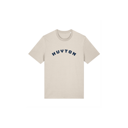 Natural Raw (Beige) t-shirt with Blue 'HUYTON' text on a white background
