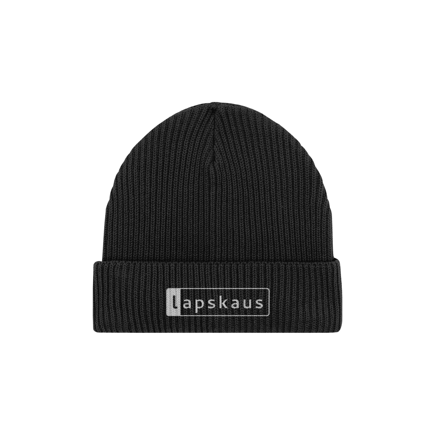 Black beanie with  white 'Lapskaus' logo in a white outlined box on the cuff on a white background