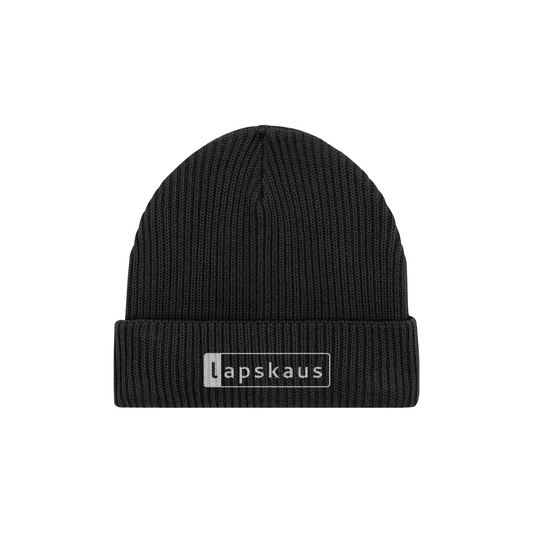 Black beanie with  white 'Lapskaus' logo in a white outlined box on the cuff on a white background