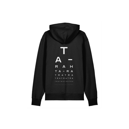 Black hoodie with white back print mimicking an optician's chart, spelling out 'Ta-rah' repeatedly in smaller type against a white background