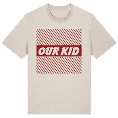 Natural Raw coloured t-shirt with a red 'OUR KID' graphic in a no-frills supermarket-style design on a white background