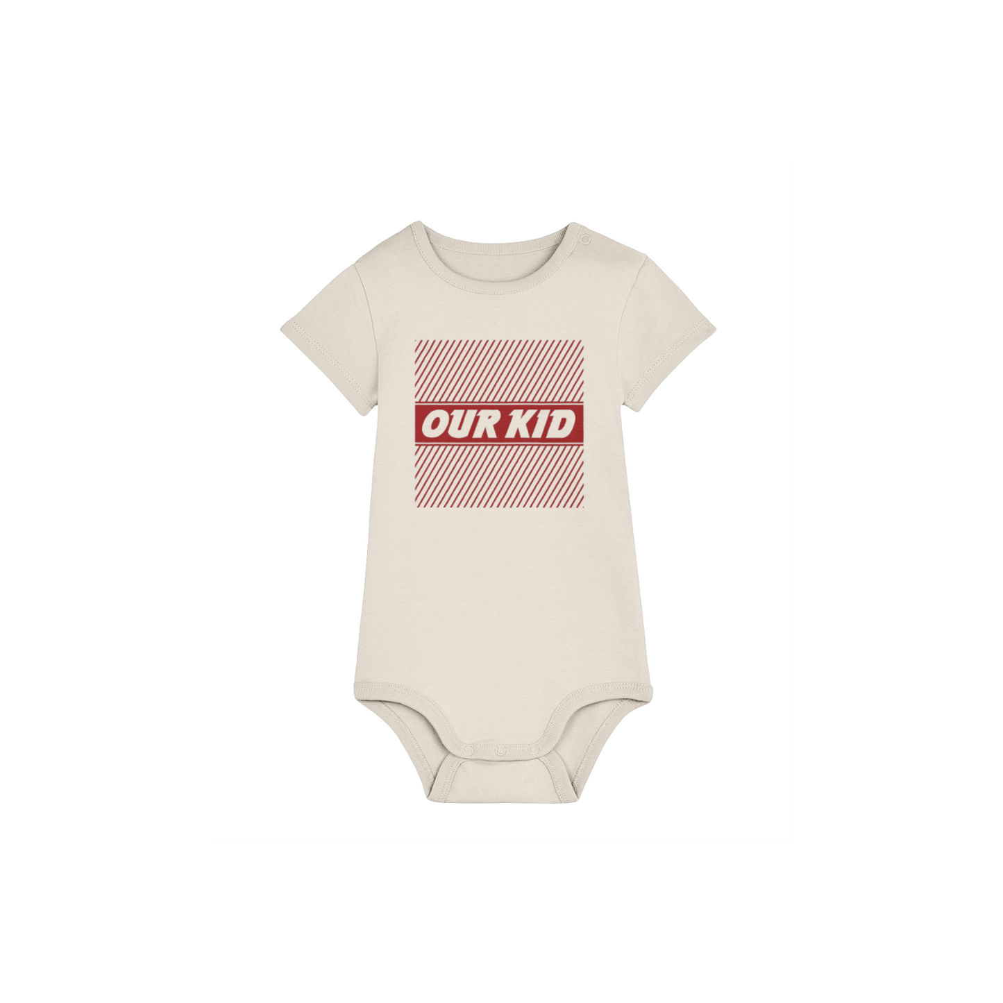 Natural Raw coloured babygrow with a red 'OUR KID' graphic in a no-frills supermarket-style design on a white background