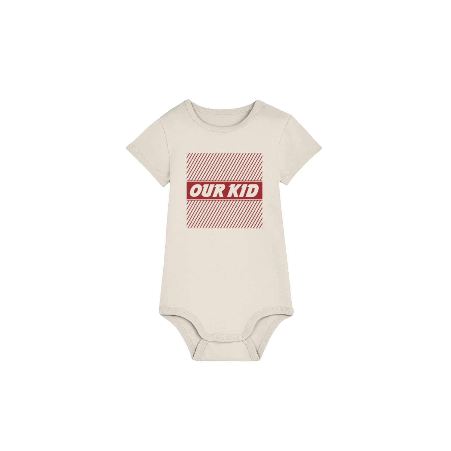 Natural Raw coloured babygrow with a red 'OUR KID' graphic in a no-frills supermarket-style design on a white background