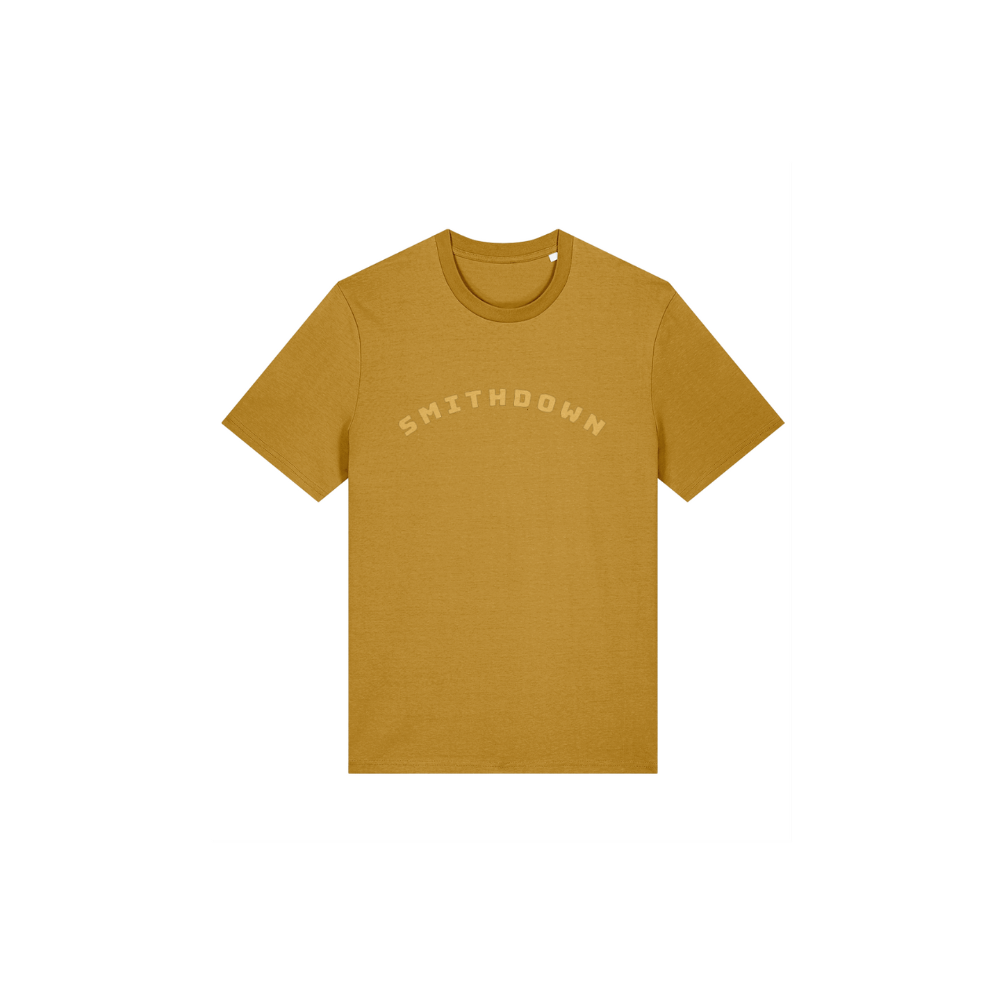 Ochre t-shirt with with Lapskaus Mustard 'SMITHDOWN' text in arched type on a white background
