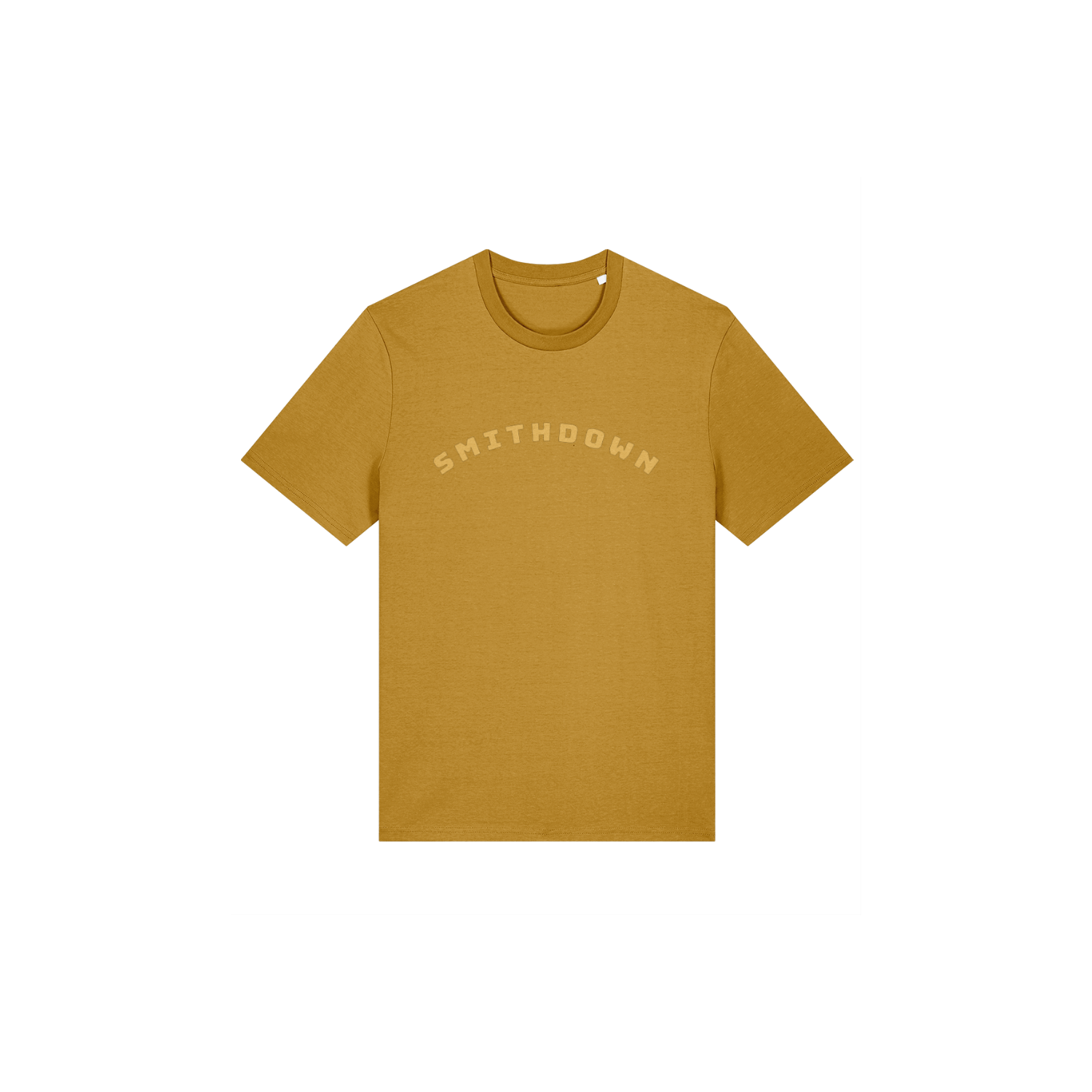 Ochre t-shirt with with Lapskaus Mustard 'SMITHDOWN' text in arched type on a white background