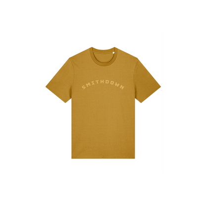 Ochre t-shirt with with Lapskaus Mustard 'SMITHDOWN' text in arched type on a white background