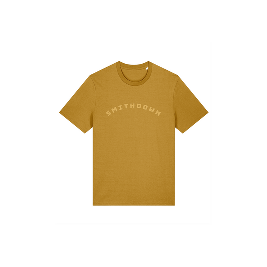 Ochre t-shirt with with Lapskaus Mustard 'SMITHDOWN' text in arched type on a white background