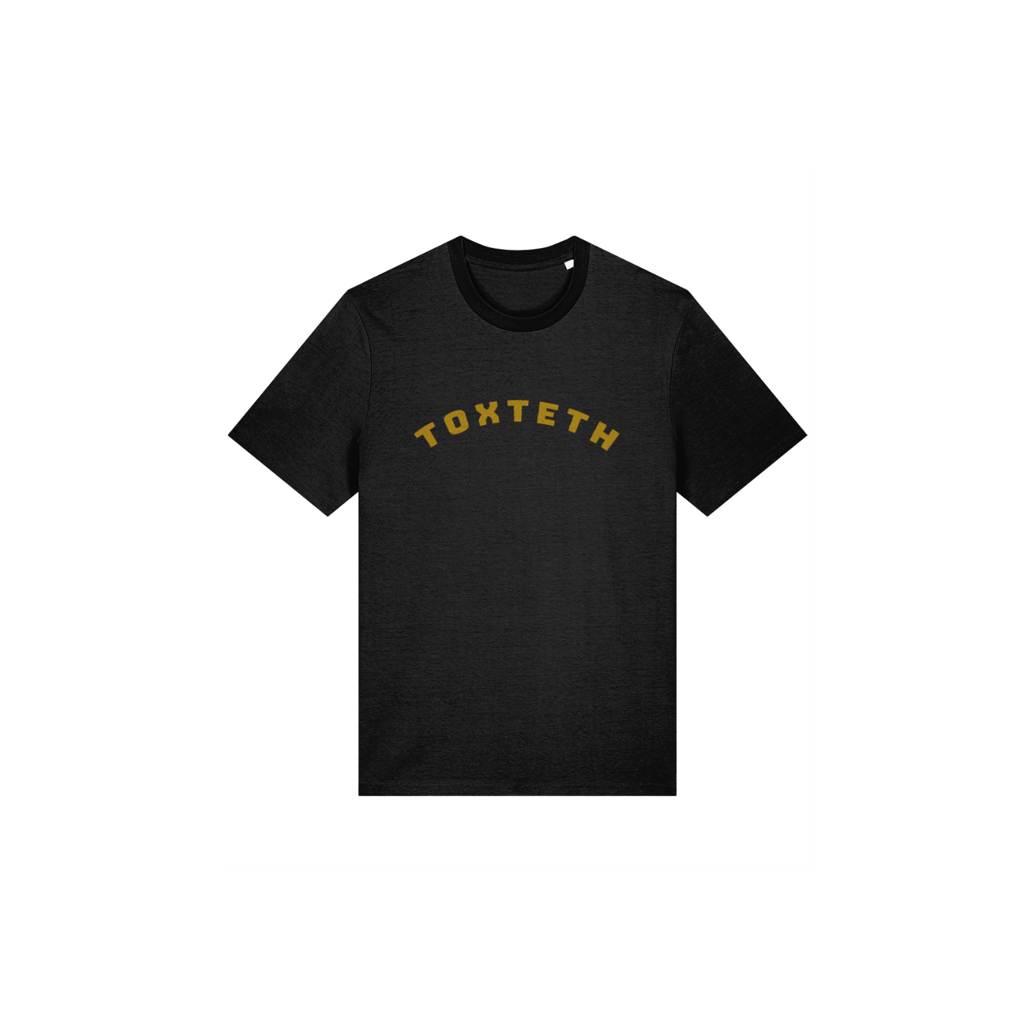 Black t-shirt with arched 'TOXTETH' text in Lapskaus Mustard print on a white background