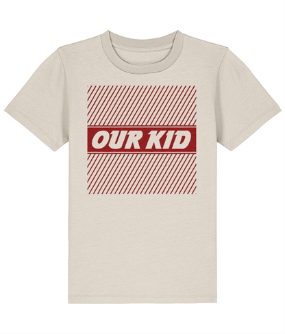 Natural-raw t-shirt with 'OUR KID' text and red diagonal stripes on a white background