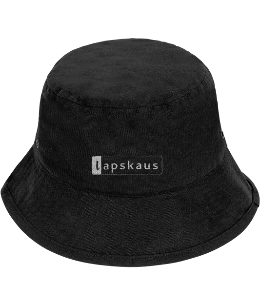 Black bucket hat with 'white Lapskaus' logo in a white outlined box on the front.